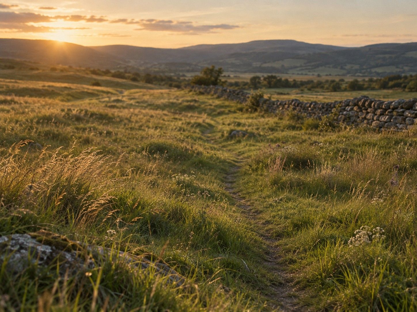 A worn path winding through a golden meadow toward distant hills