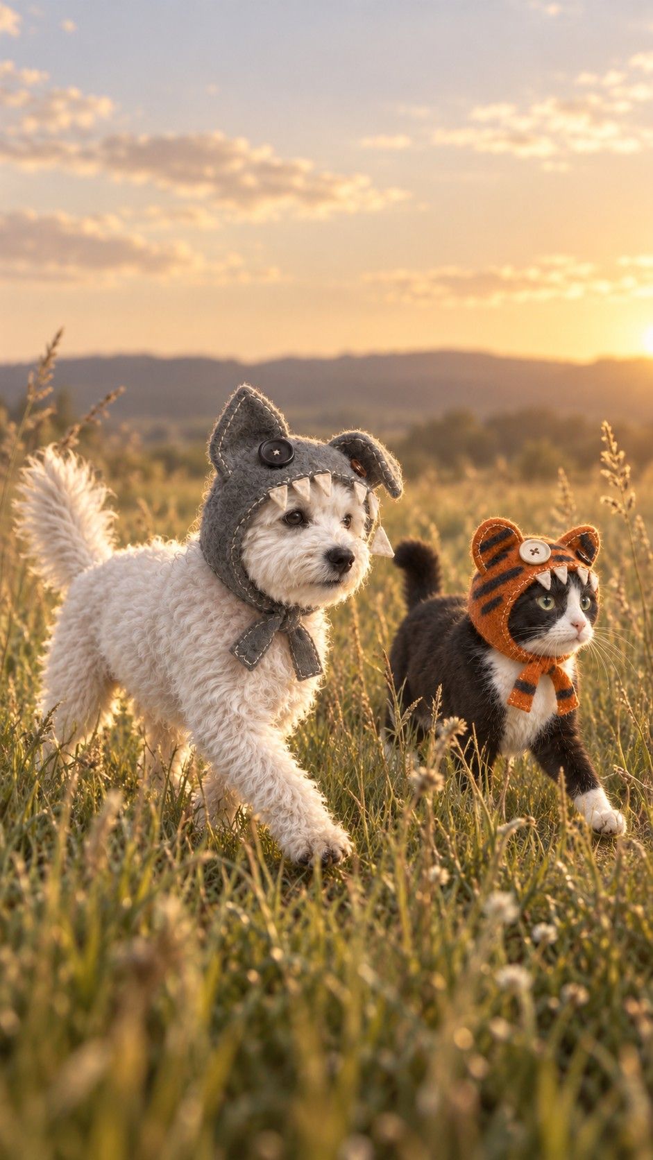 Mu and Yan in their wool wolf and tiger hoods, crossing a meadow at golden hour