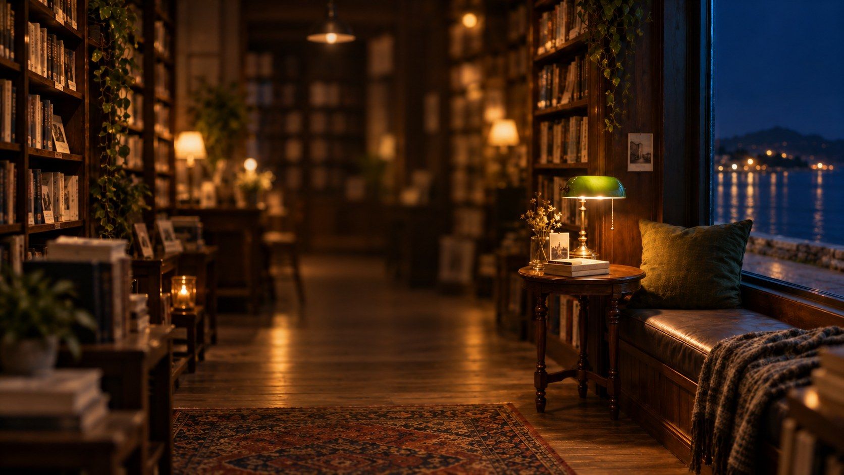 The bookstore at night, lit by a green banker’s lamp, harbour lights through the window