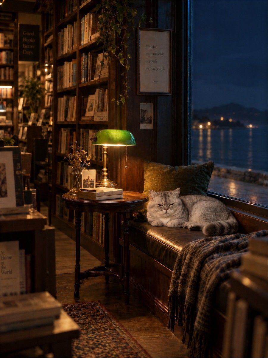 Momo, a silver British Shorthair, resting on a window seat in a lamplit bookstore at night